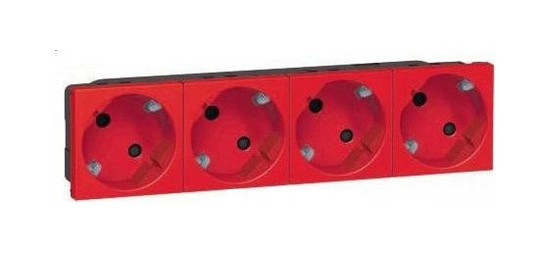 Розетка четырехместная MOSAIC, в кабель-канал монтаж, с заземлением, со шторками, красный, 077414